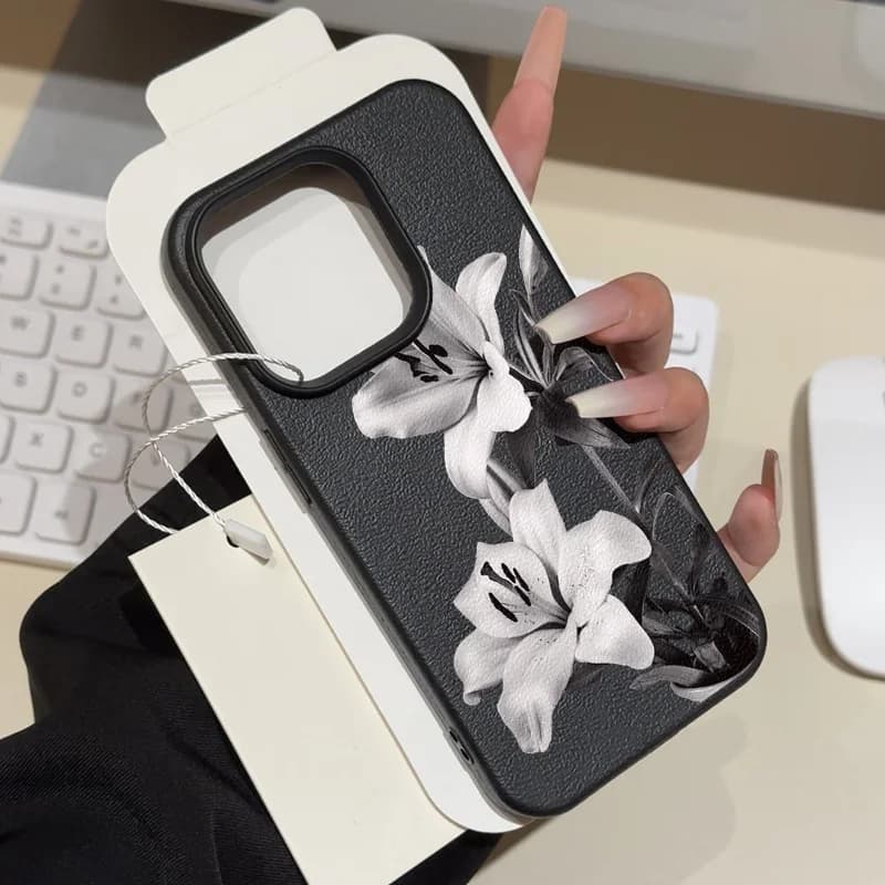 Black and white style lily branch phone case suitable for iPhone 17 16 15 14 13 12 11 Pro/Max/Plus anti drop and shockproof