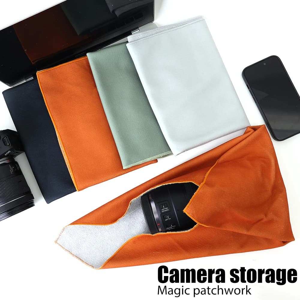 Borsa portaoggetti portatile in tessuto pieghevole autoadesivo per fotocamera per fotocamere fotografiche, telefoni, cosmetici, panno avvolgente in peluche