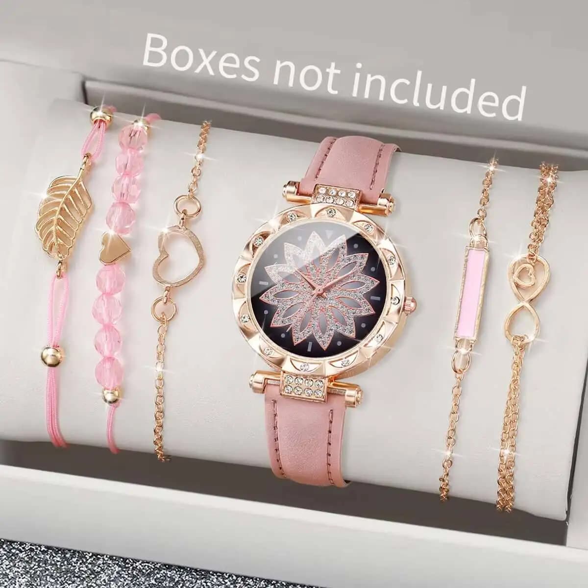 6PCS/Set Fashion Casual Flower Dial Women's Leather Band Quartz Watch Female Wrist Watches Bracelets Set（Without Box）