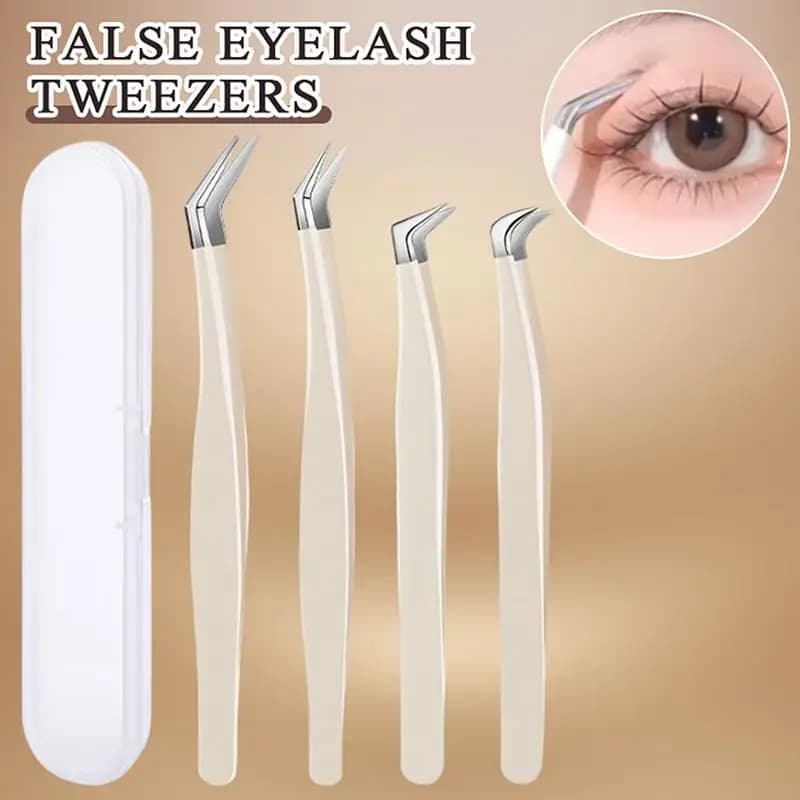 ●False Eyelash Tweezers With Storage Case Non Slip Handle Precision Stainless Steel Tips For Eyelash Extension Home And Salon