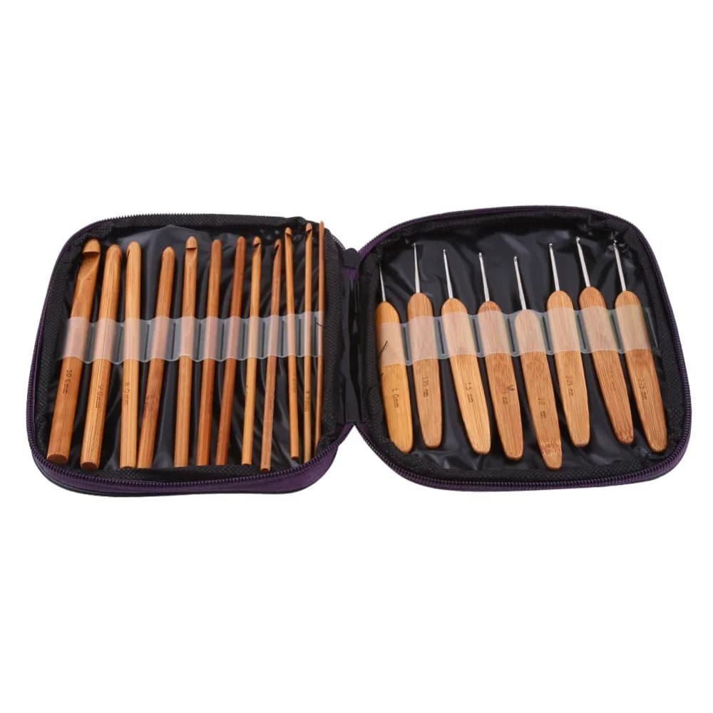 20pcs Carbonized Bamboo Bamboo Crochet Hooks Storage Case Smooth Surface Crochet Hook Set Metal Tips Complete Set
