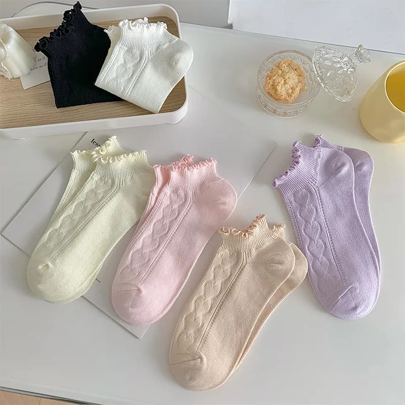 Pink Purple Women Short Socks JK Lolita Kawaii Cute Ruffle Socks Cotton Thin Breathable Low Cut Ankle Boat Socks Sox Sweet Girls