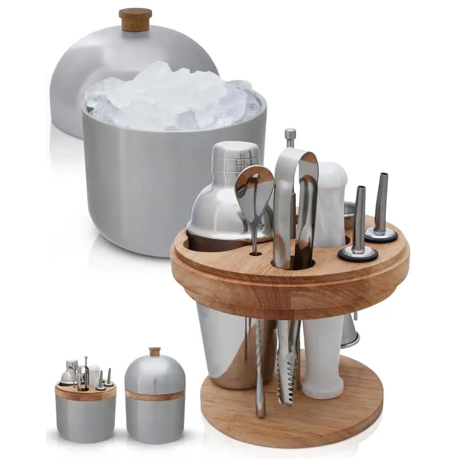 Set da Cocktail Professionale con Secchiello per Ghiaccio in Acciaio Inox, Kit Completo per Mixology con Organizer in Legno, Shaker per Cocktail