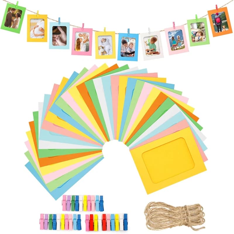 30Pcs Paper Picture Frames - 4x6'' Colorful Paper Photo Frames Cardboard Picture Frames with Clip and String Photo Holders