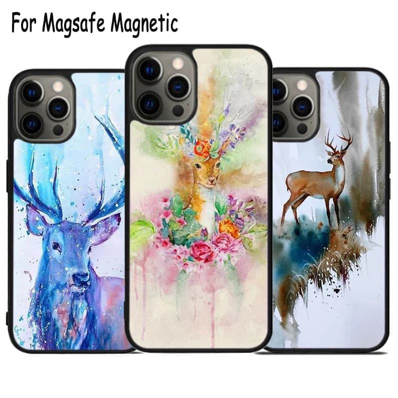 Custodia per telefono con ricarica wireless Watercolour-Stag per iPhone 17 Air 15 16 16e 14 13 11 12 Pro Max Plus, cover magnetica Magsafe con paraurti