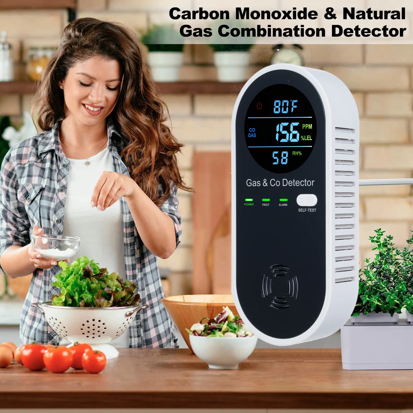 Rilevatore Combinato di Monossido di Carbonio e Gas Naturale, Rilevatori da Parete a Presa, Monitor CO e Gas Naturale 4 in 1 con Allarme e Display LCD