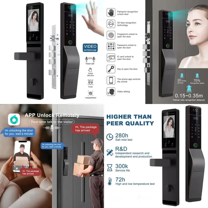 Latest Cat Eye Camera Password Palm Vein Fingerprint 3D Face Recognition Smart Door for Wood Door IP65 Waterproof