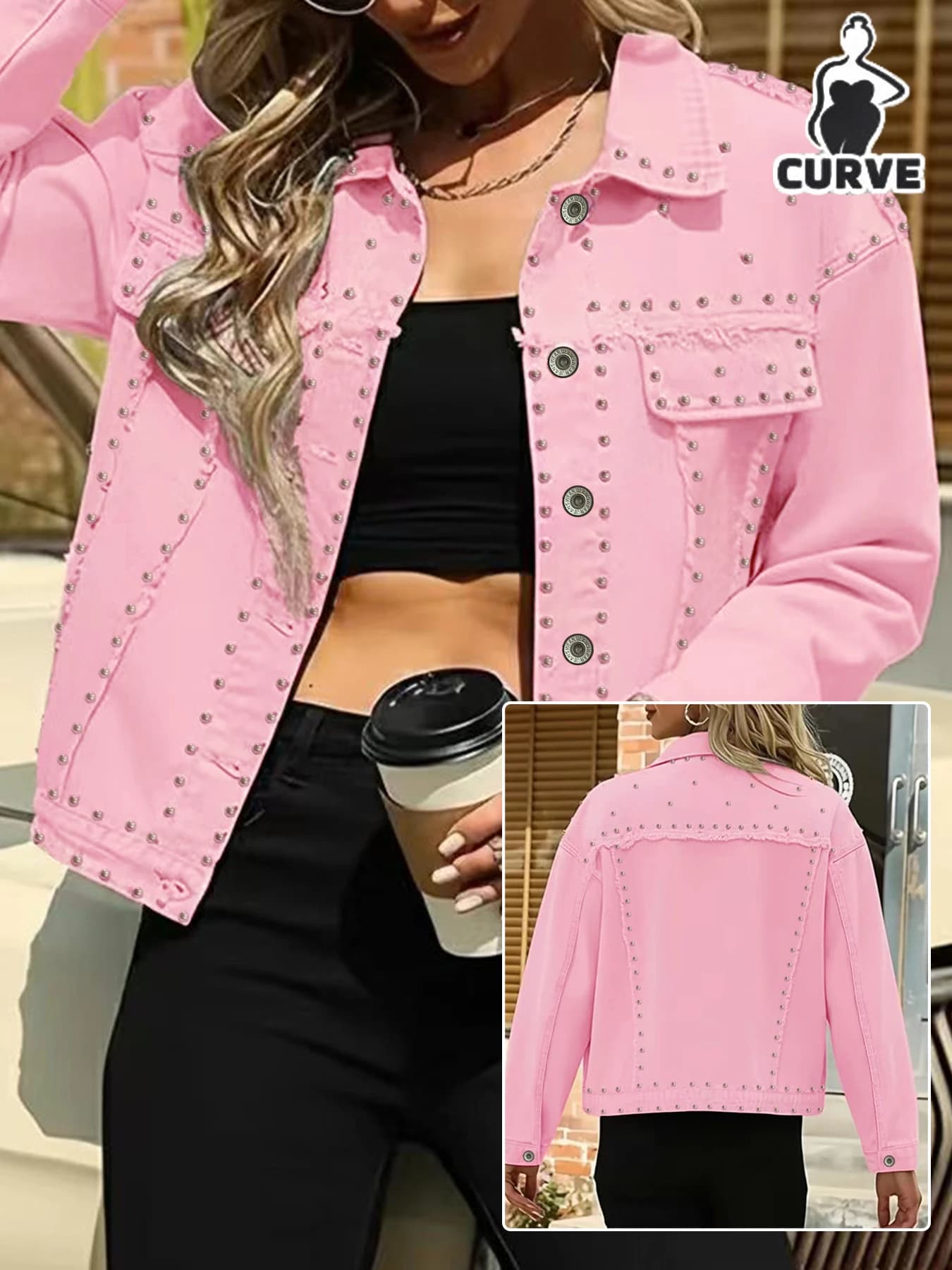 Women's wide rockabilly jeans jacket with studs Women's oversize jeans jacket with washed style