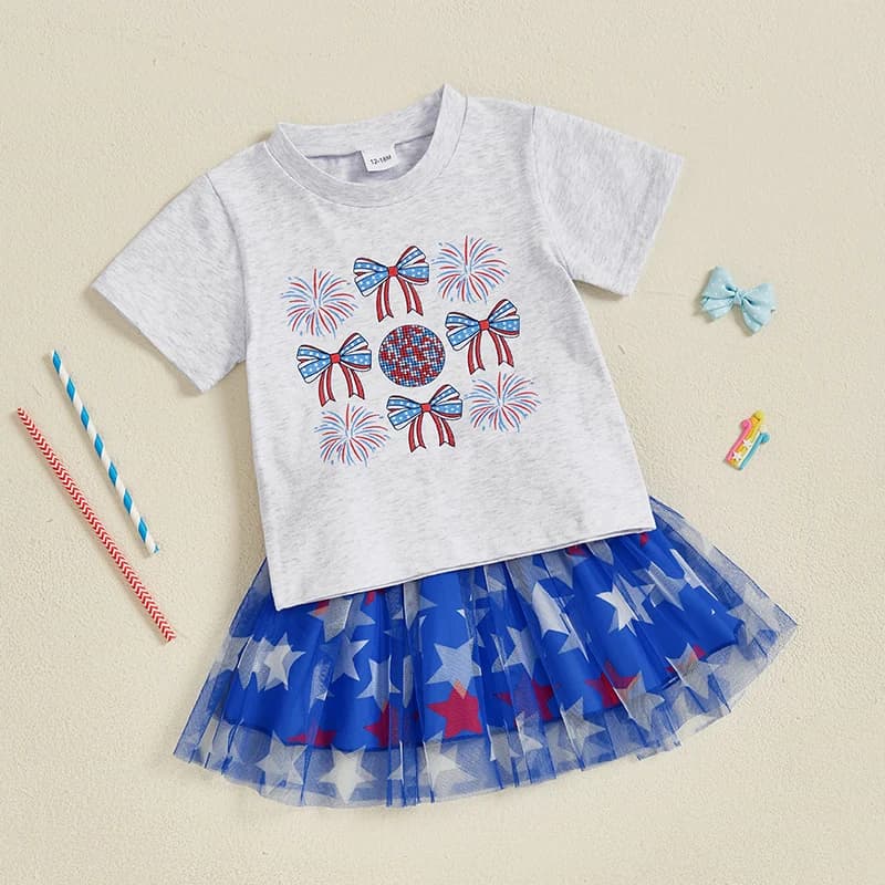Set gonna per ragazze del Giorno dell'Indipendenza con top a maniche corte con stampa di lettere e gonna in tulle a trapezio per il 4 luglio
