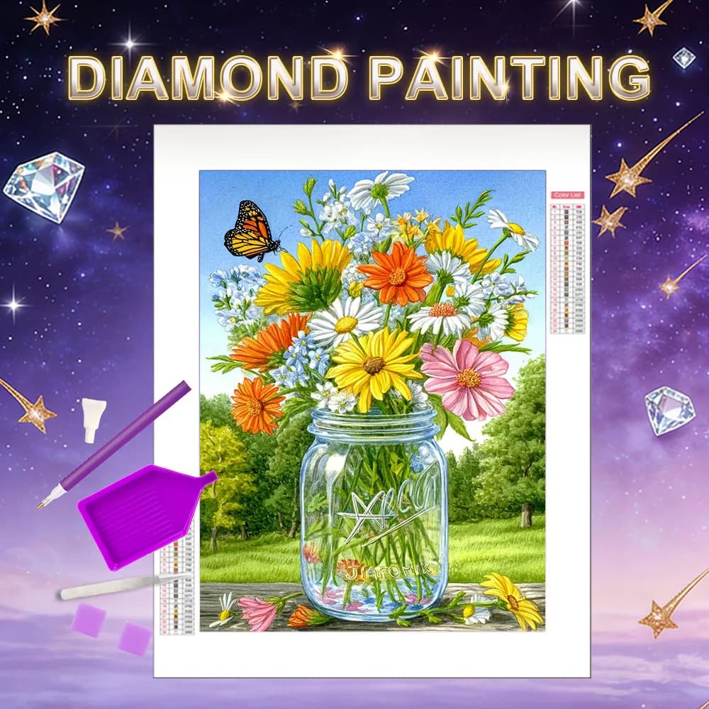 HUACAN Diamond Painting 5D Mosaic Daisy Flower Full Square Round Drill Handmade Art Floral Butterfly Kit Living Decoration