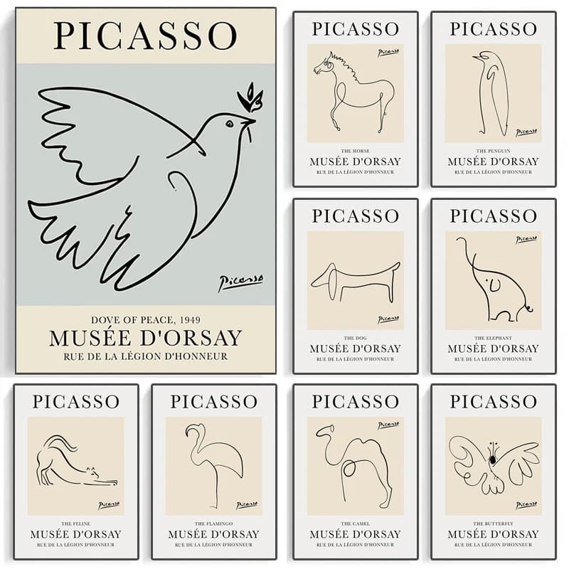 Picasso Dove of Peace 1949 Line Art Animal Horse Dog Exhibition Poster Canvas Painting Wall Prints Picture for Room Home Decor