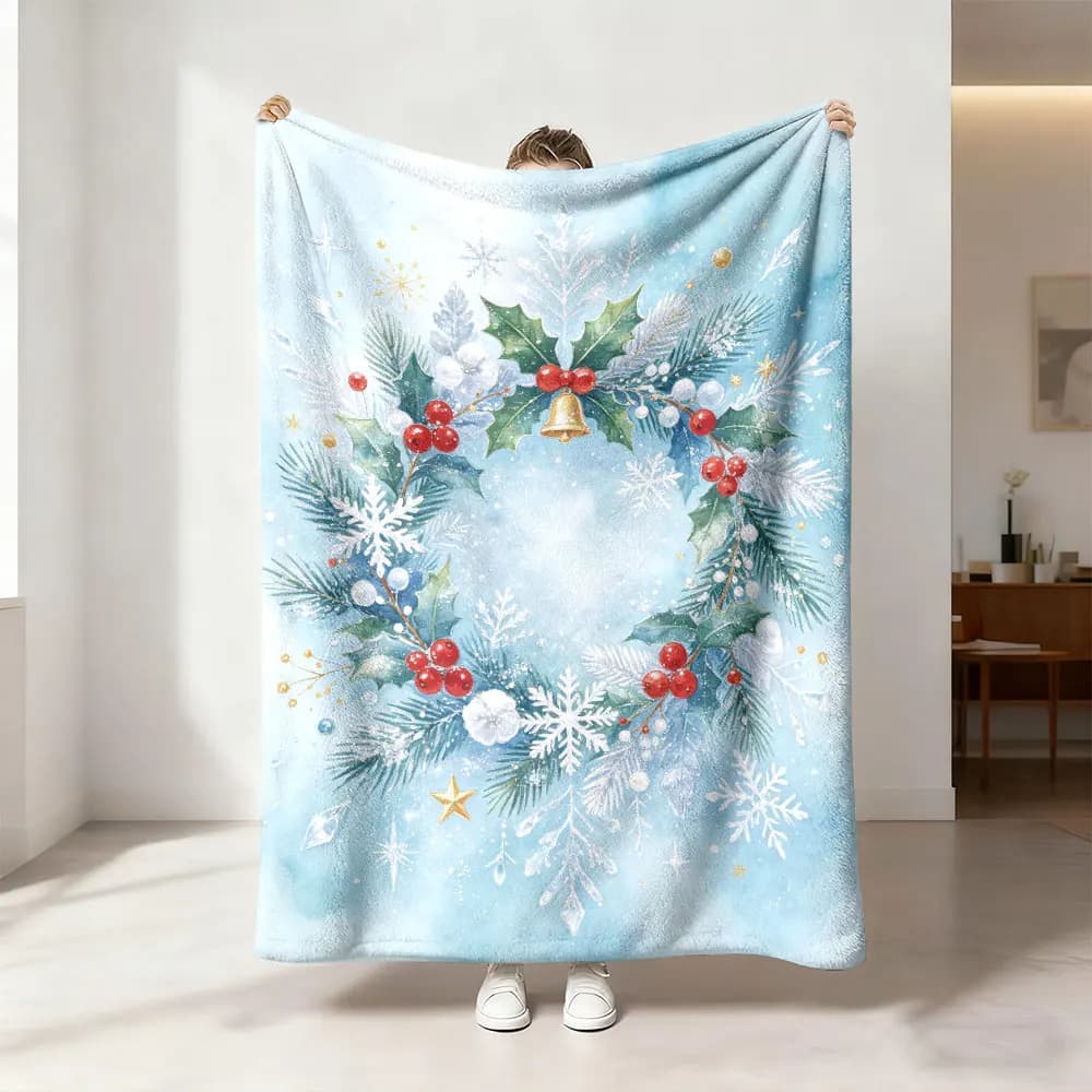 Christmas Red Fruit Bell Pine Needle Snowflake Wreath Flannel Blanket Multi Size Soft Sofa Throw Nap Blanket For Office Brea