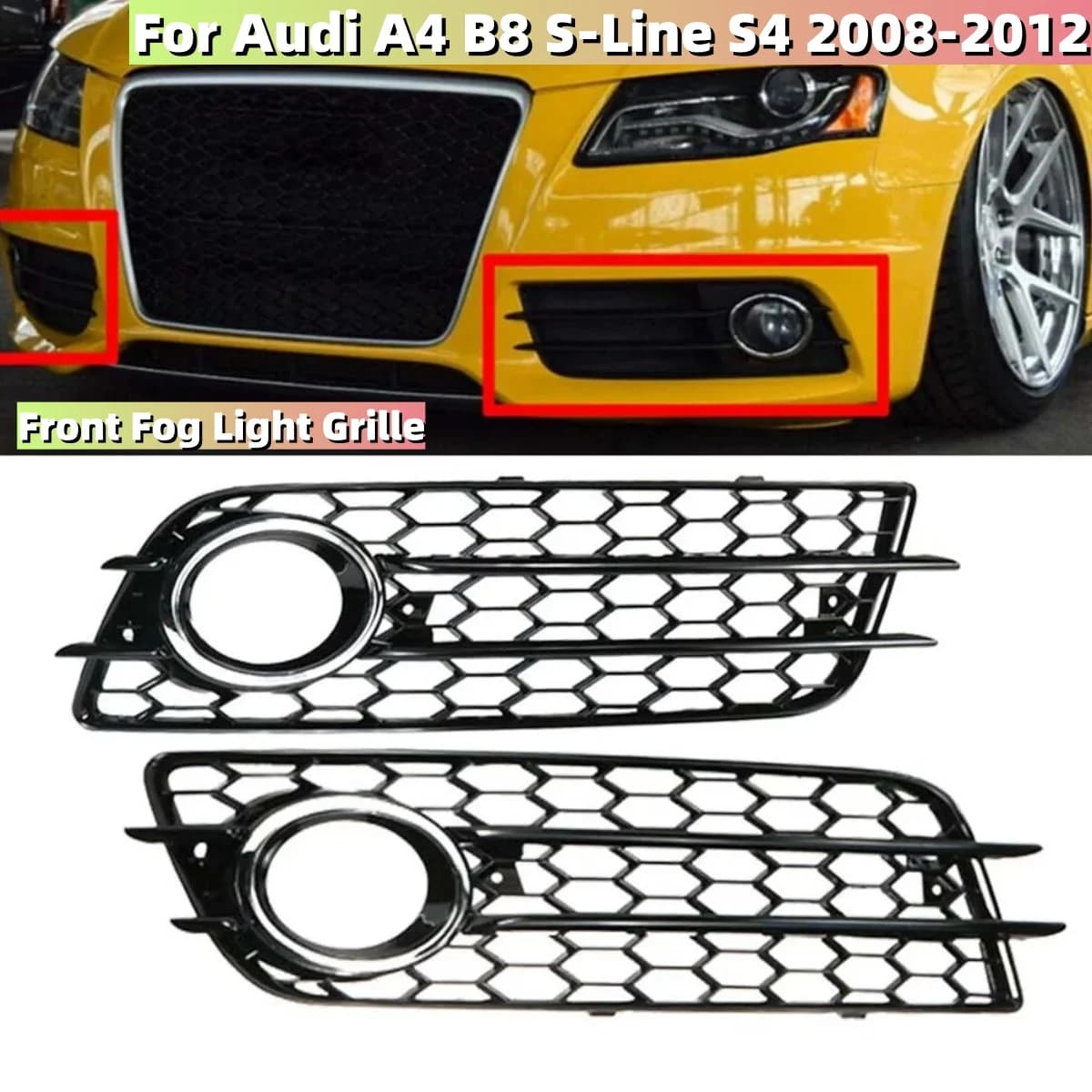 2PCS Car Front Fog Light Grille Cover Honeycomb Fog Lamp Grill 8K0807681C 8K0807682C For Audi A4 B8 S-Line S4 2008-2012