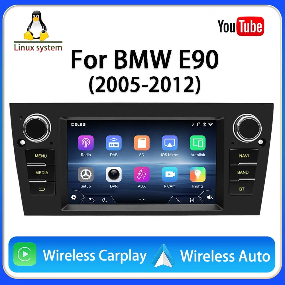 Per BMW E90 (2005-2012) Lettore Multimediale da 7 Pollici (Linux) con CarPlay Wireless, Android Auto Wireless, YouTube, Navigazione GPS e Porta USB