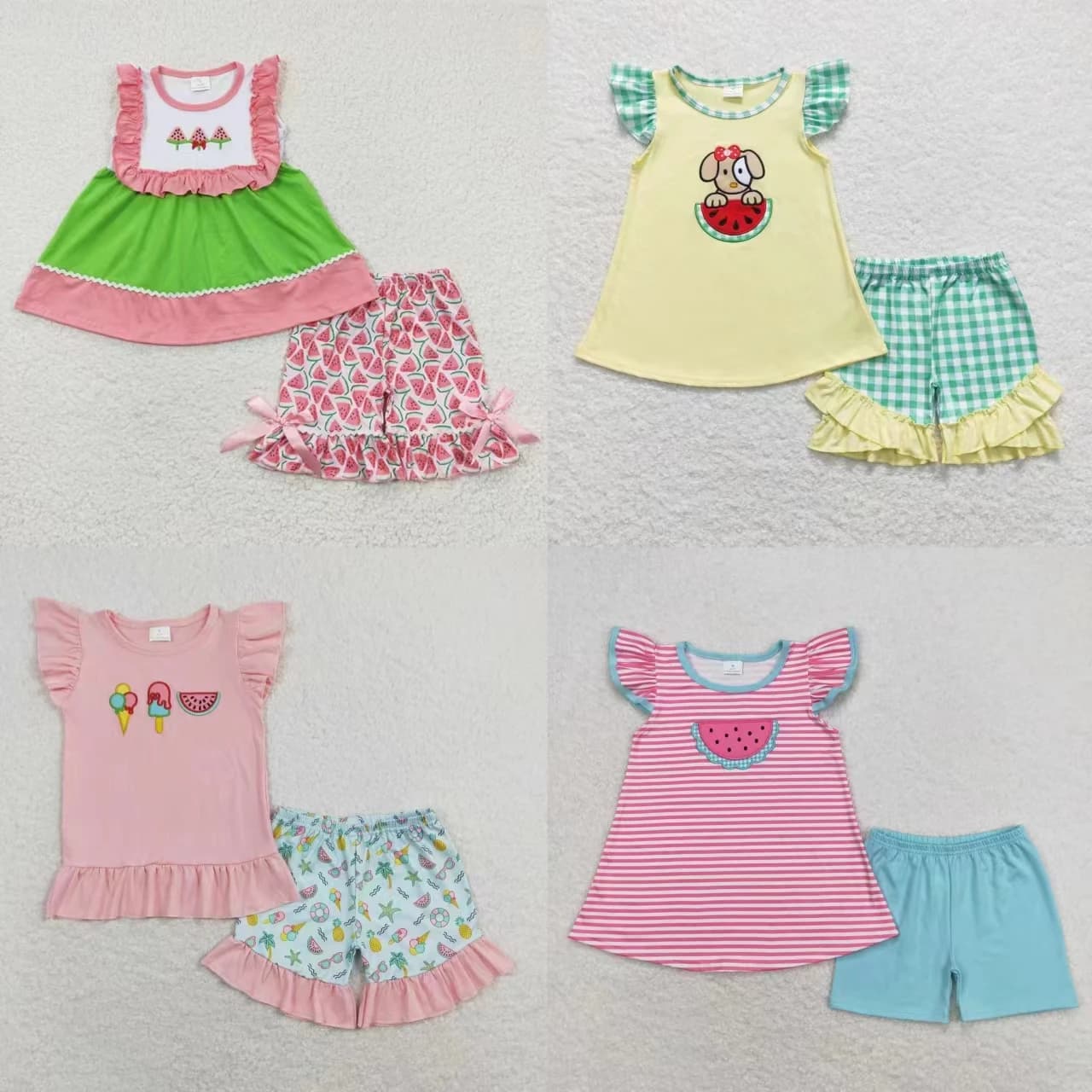All'ingrosso bambini bambini estate maniche corte ricamo Popstick anguria camicie vestito bambino volant pantaloncini bambina Set