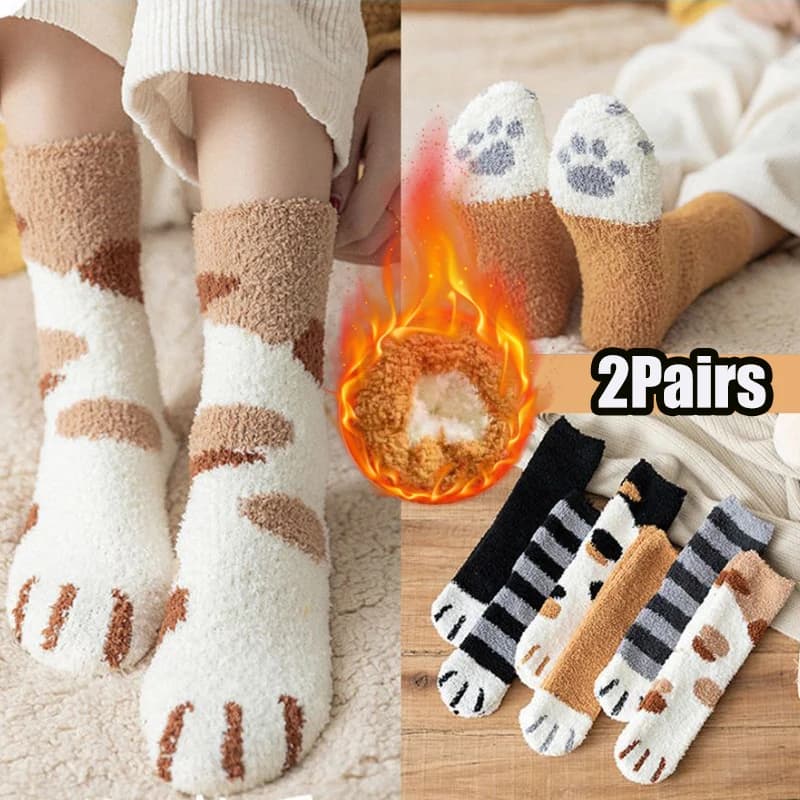 2 Pairs Plush Funny Socks Women Winter Cat Paw Cute Style Animal Cartoon Pattern Soft Sock for Female House Sleeping Floor Socks