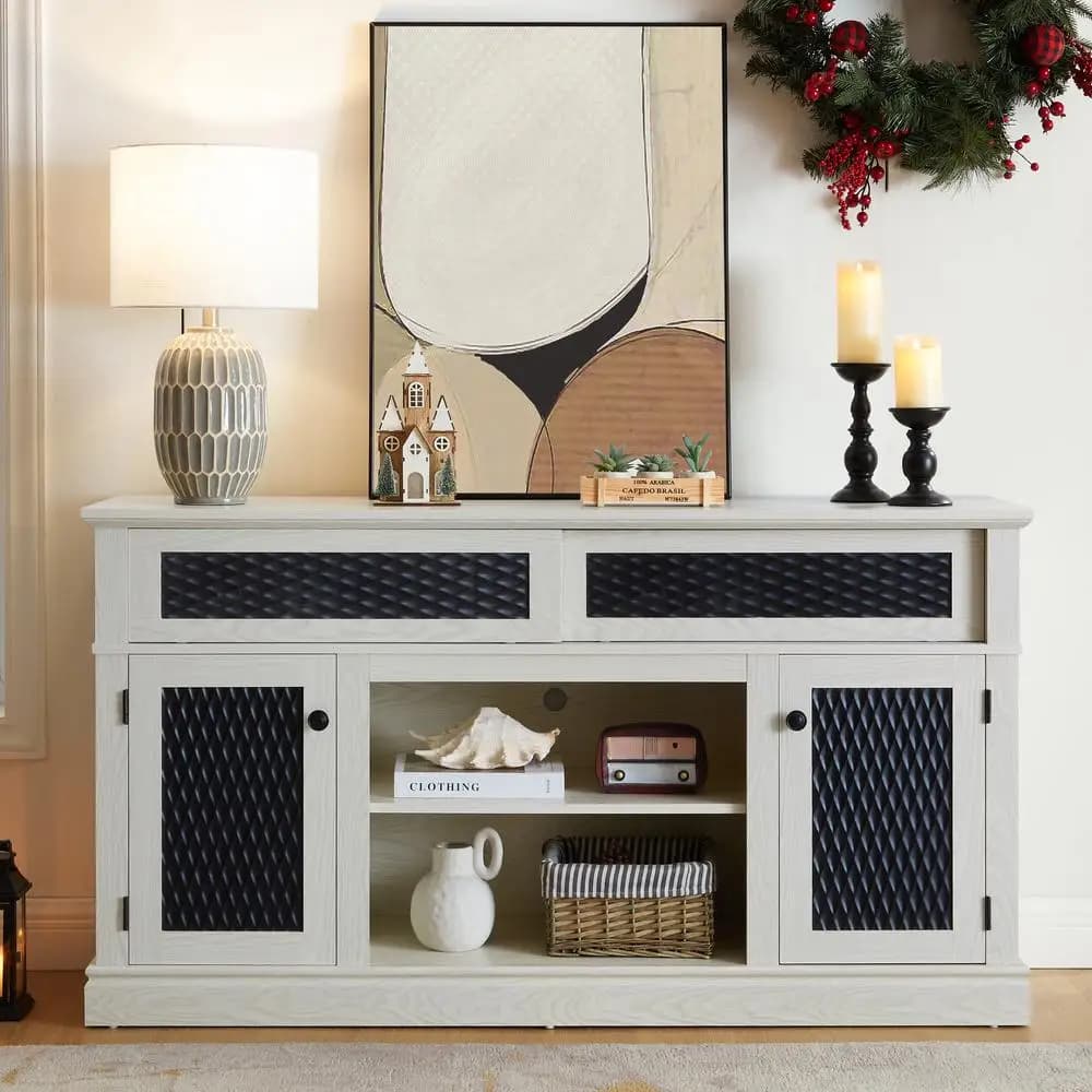 Supporto TV Console multimediale in rilievo bianco stile fattoria 58,27 W con porta scorrevole Gestione cavi Adatto a TV fino a 65 pollici