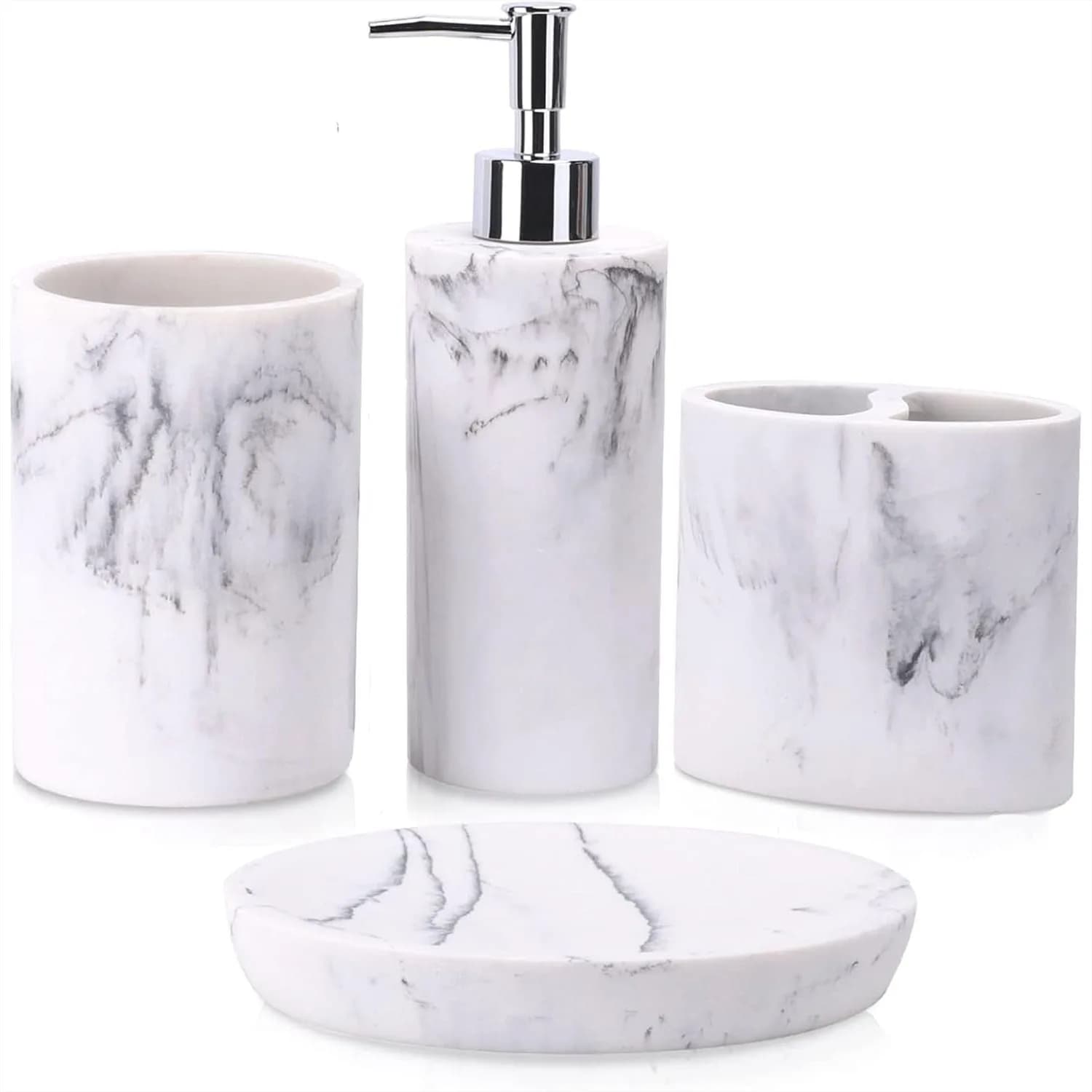 Set di Accessori per Bagno 4 Pezzi Effetto Marmo per Arredo Lavabo con Dispenser Sapone, Porta Spazzolino, Bicchiere, Portasapone