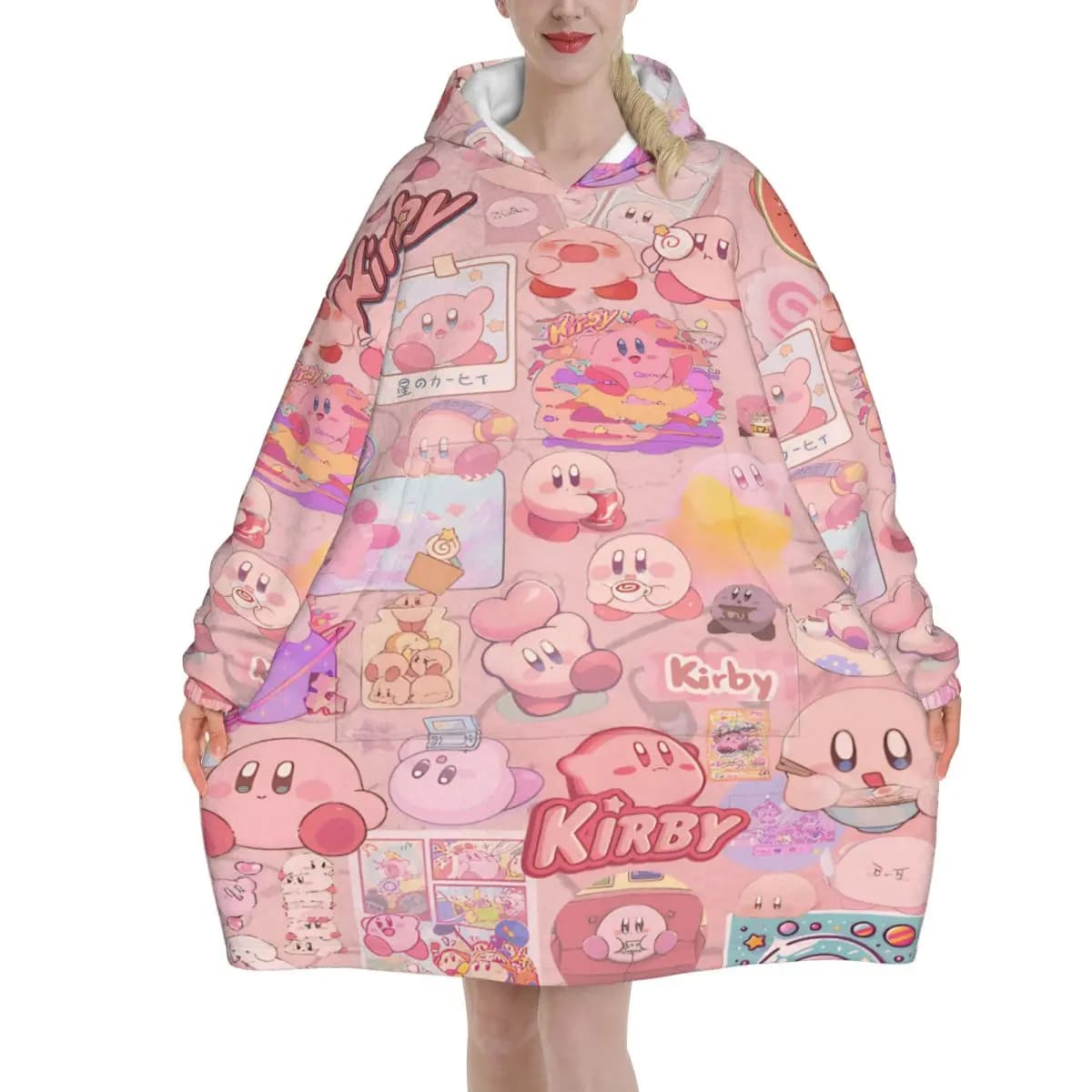 Pink Kirbys Funny Game Blanket Hoodie Wearable Blanket Large with Pocket Warm Sleeping Bag Soft Cozy Onesie
