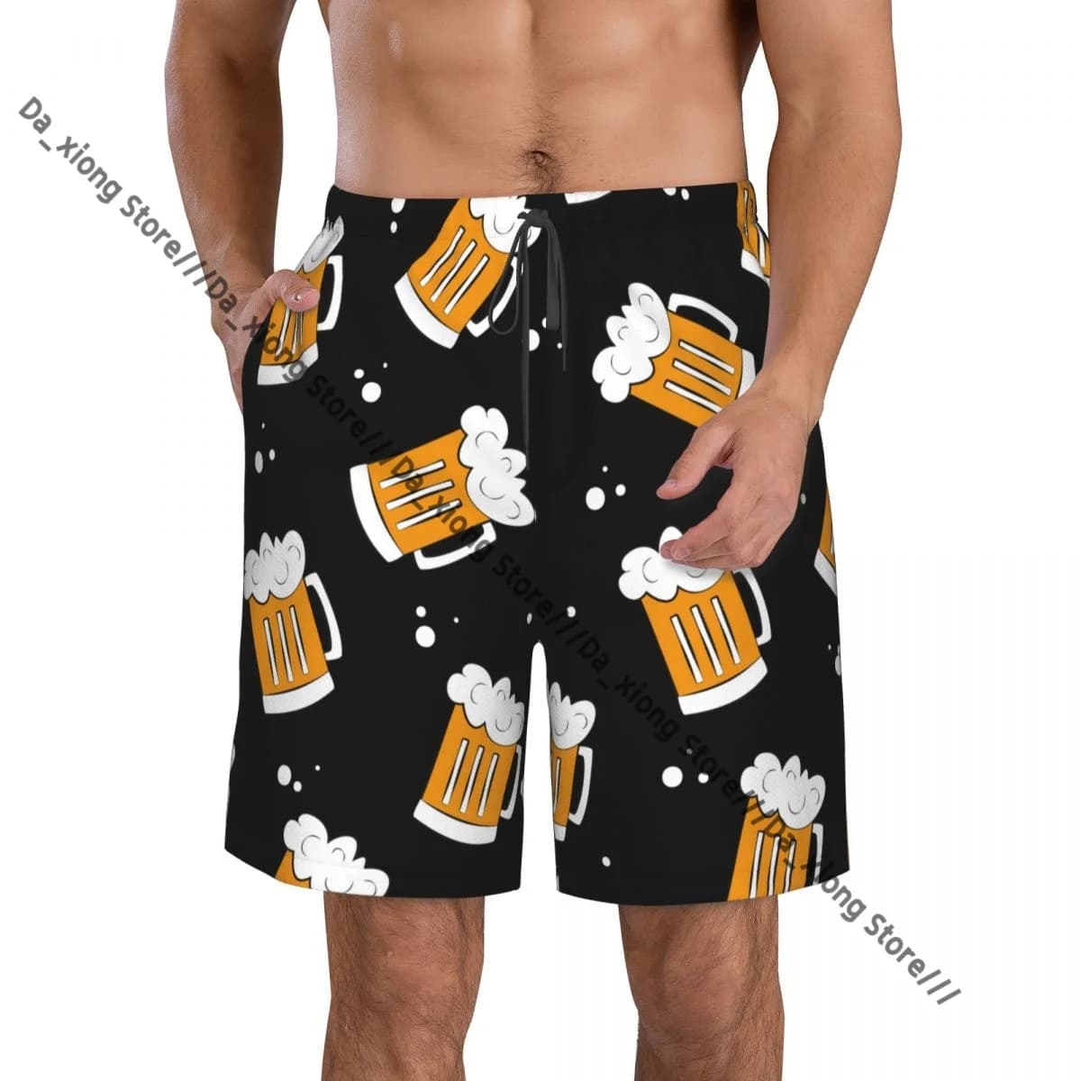 Pantaloncini da bagno corti da spiaggia da uomo, modello di tazze da birra, pantaloncini da surf sportivi, costumi da bagno