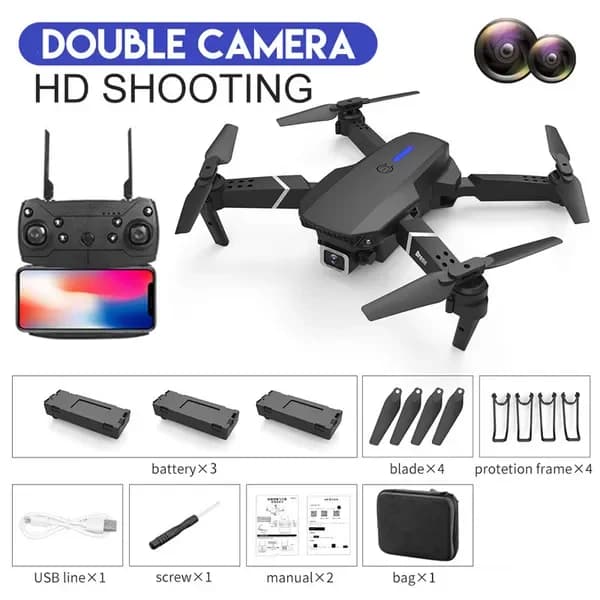 Drone RC E88 con WIFI FPV, Doppia Fotocamera HD, Mantenimento dell'Altitudine, Quadricottero Pieghevole, Elicottero RC, Giocattolo Regalo con 3 Batterie
