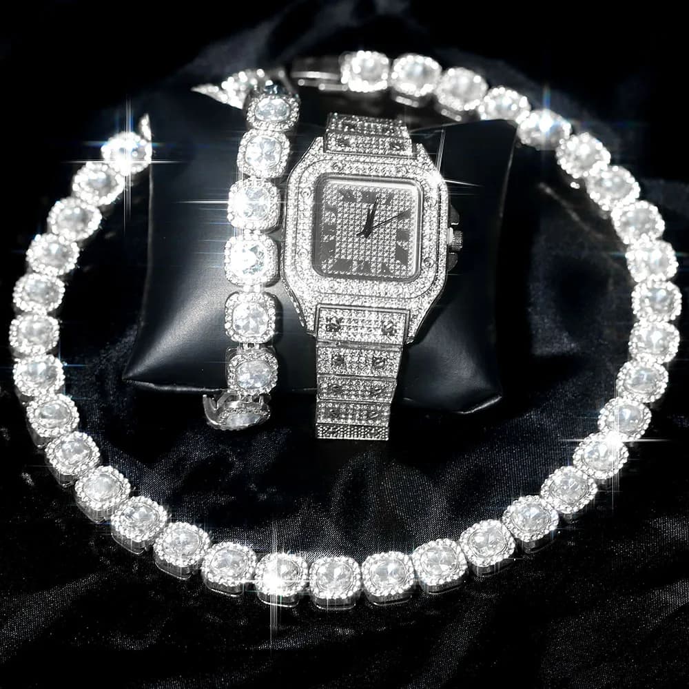 3 pcs elegant luxury hip-hop punk cubo watch set of sugar chain + bracelet + 3-in-1 square watch set man street style trend jewelry gift