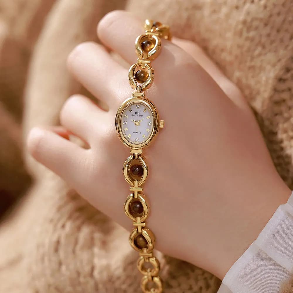 Women's Quartz watch with natural silver mineral, small oval dial, vintage bracelet, women's stylish wristwatch