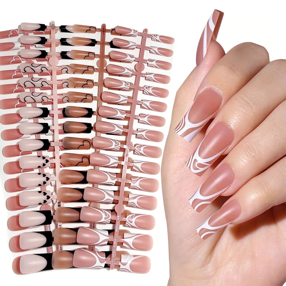 120 pieces of medium square french print on pink brown nail color base opaque tips for fingernails suitable for women girls acrylic fake nails