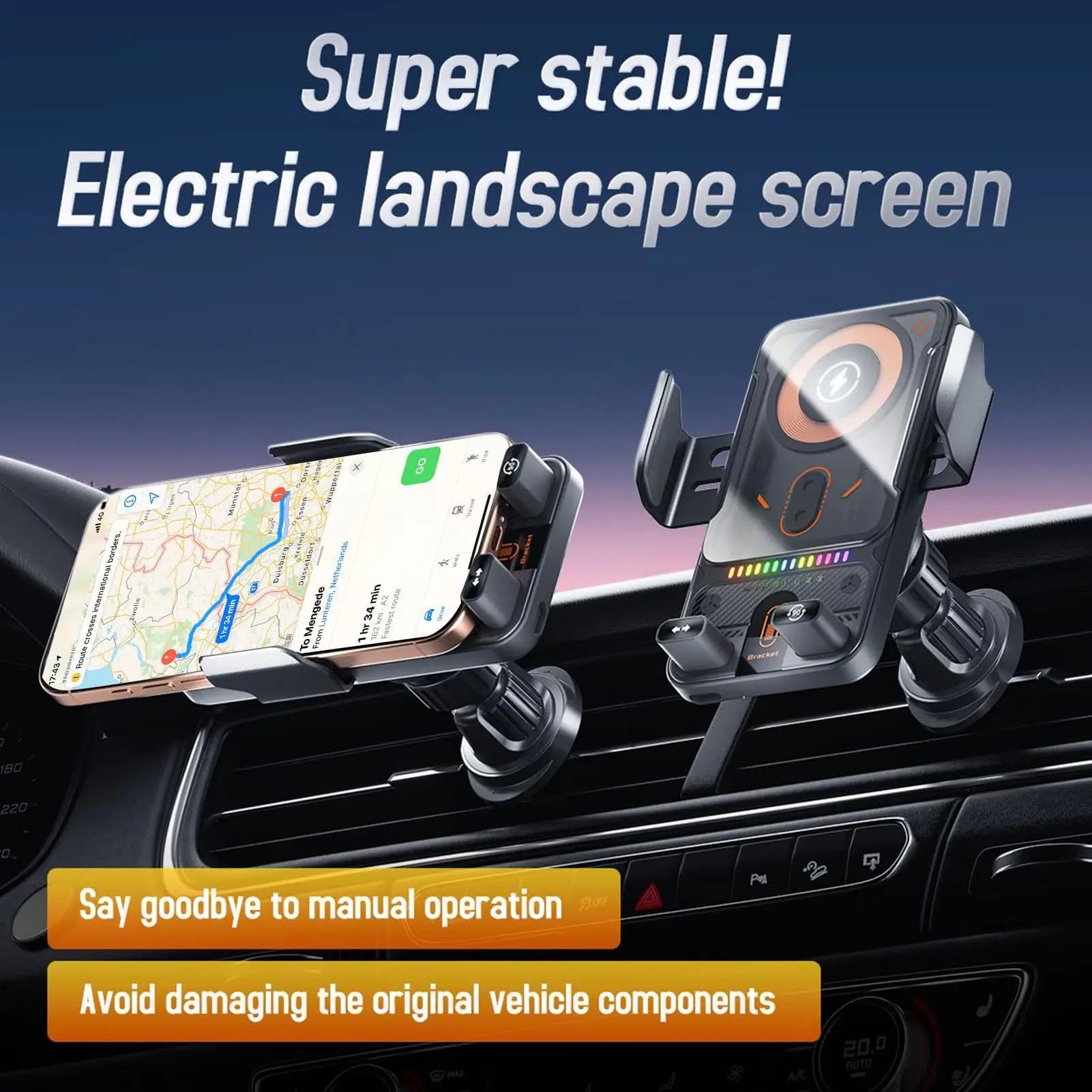 Supporto per Auto con Doppio Motore Elettrico Rotante, Apertura e Chiusura Automatica, Supporto per Telefono con Ricarica Wireless Veloce