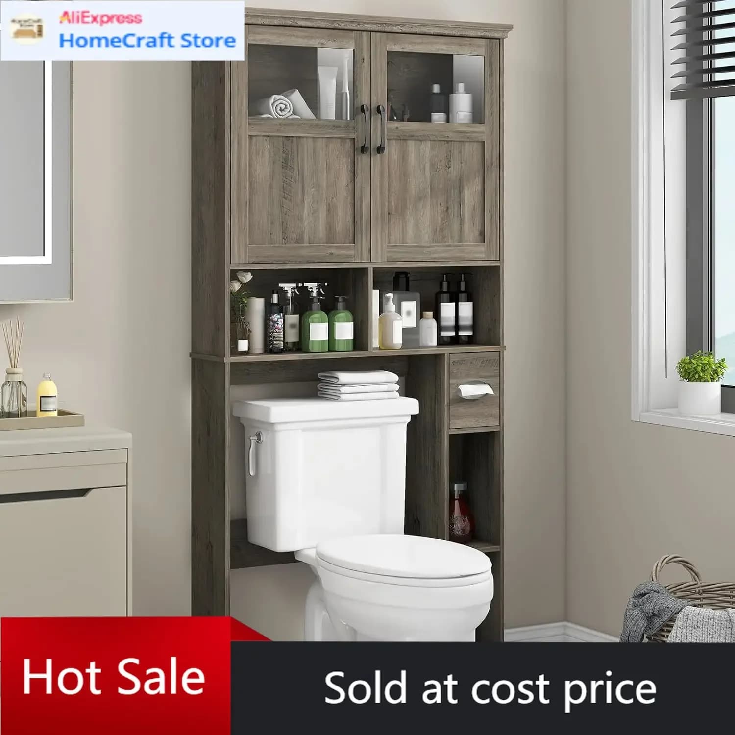 Freestanding Grey Over the Toilet Storage Cabinet Double Doors Toilet Paper Holder Adjustable Shelf Space Saver