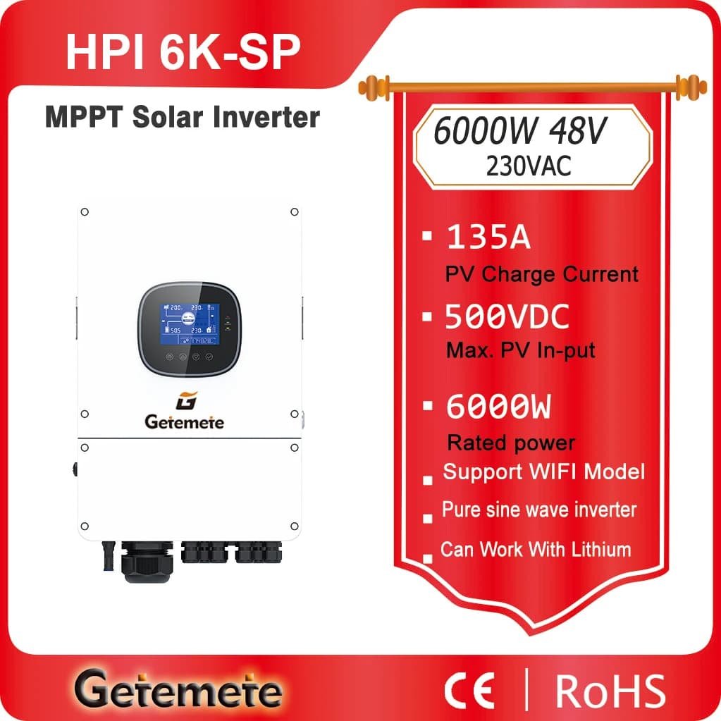 Getemete 6000W 48V 230Vac Inverter ibrido a onda sinusoidale pura MPPT 135A Caricatore solare Tensione di ingresso fotovoltaico massima 500VDC Off-Grid