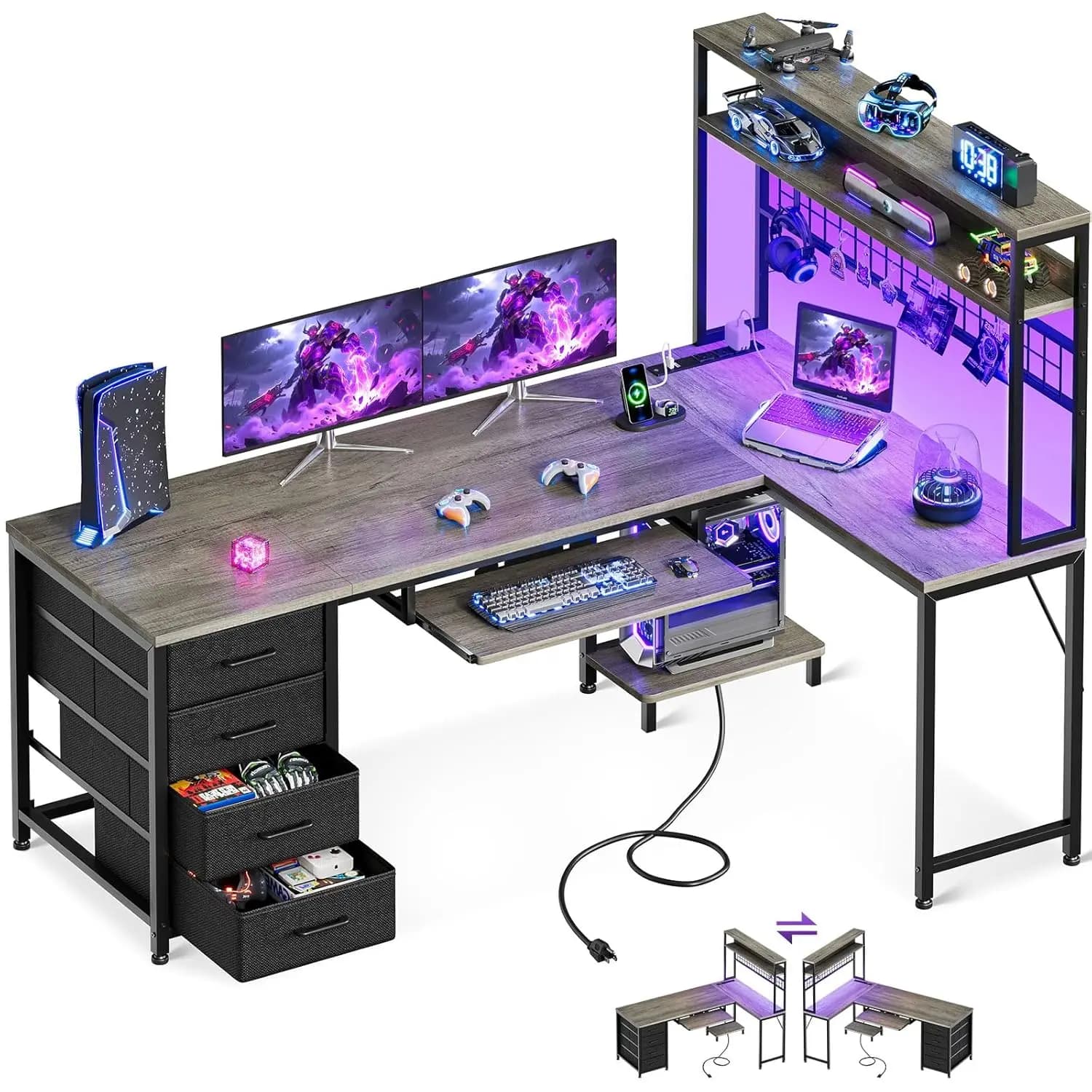 Scrivania da Gaming 59 Pollici con LED, Prese di Alimentazione, 4 Cassetti, Pannello Forato, Vassoio per Tastiera, Ripiani, Supporto CPU, Grigia, Personalizzabile