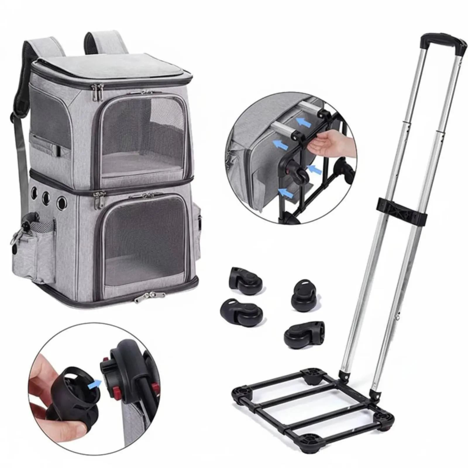 Double-Deck Pet Carrier Breathable Pet Trolley Bag Feline Travel Carrier Portable Dog Travel Bag Side Pockets for Outdoor
