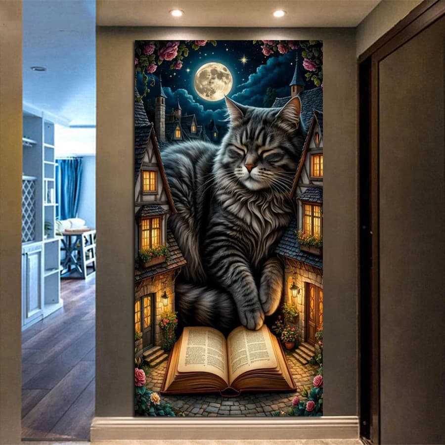 Quadro Mosaico Ricamato Fai da Te con Diamanti, Grande Formato, Tema Gatto Nero Lunare Dormiente, con Diamanti Quadrati e Rotondi, Decorazione Murale