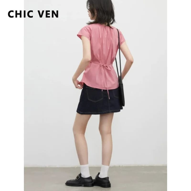 CHIC VEN New Korean Women Shirt Single-breasted O Neck Solid Slim Lace Up Short Sleeved Female Blouse Pink Tees Summer 2026 Coat
