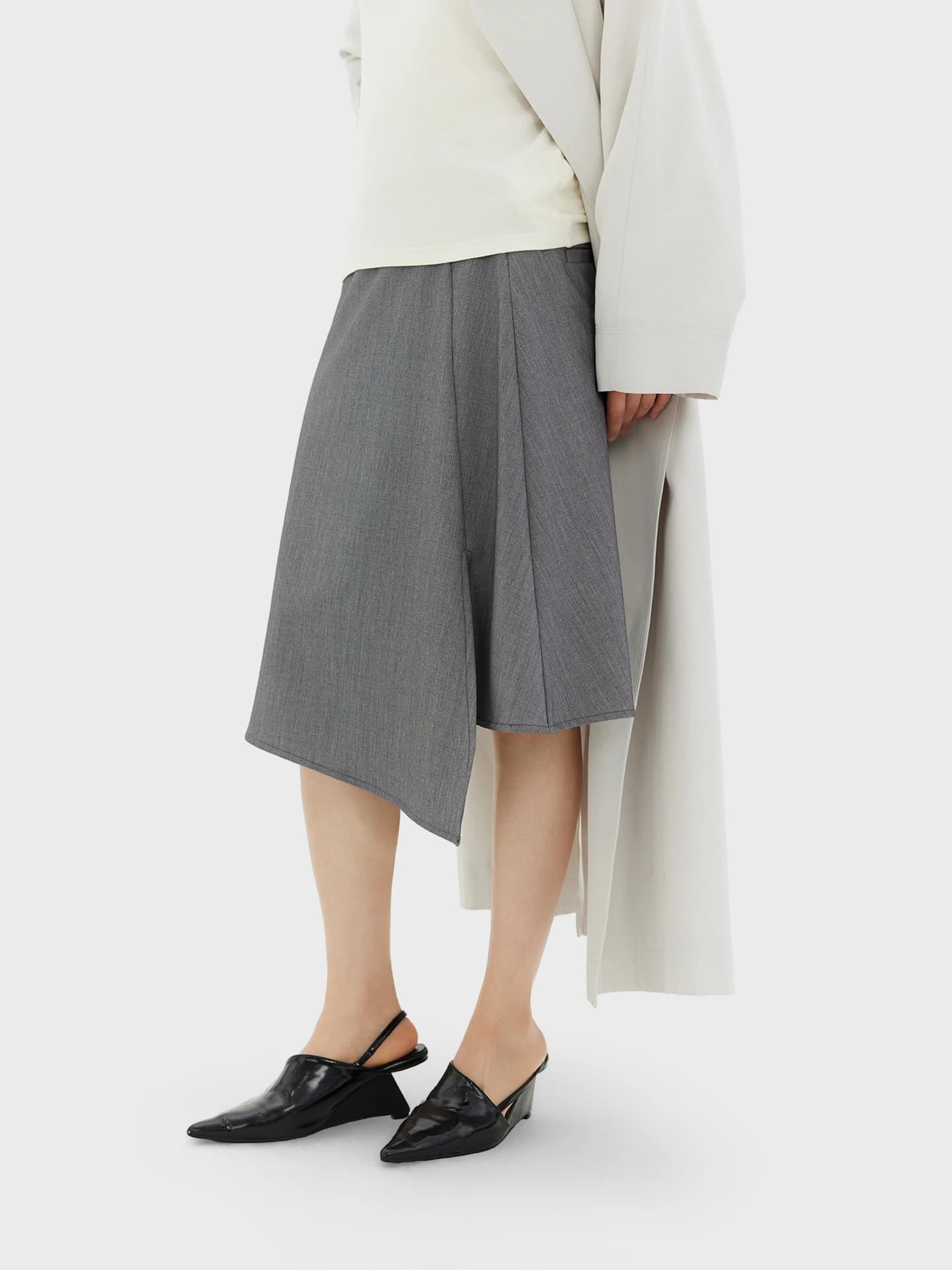 Gonna Midi Asimmetrica a Vita Alta con Spacco Laterale e Cerniera, in Misto Poliestere, Modello A-Line, Moda Donna Primavera