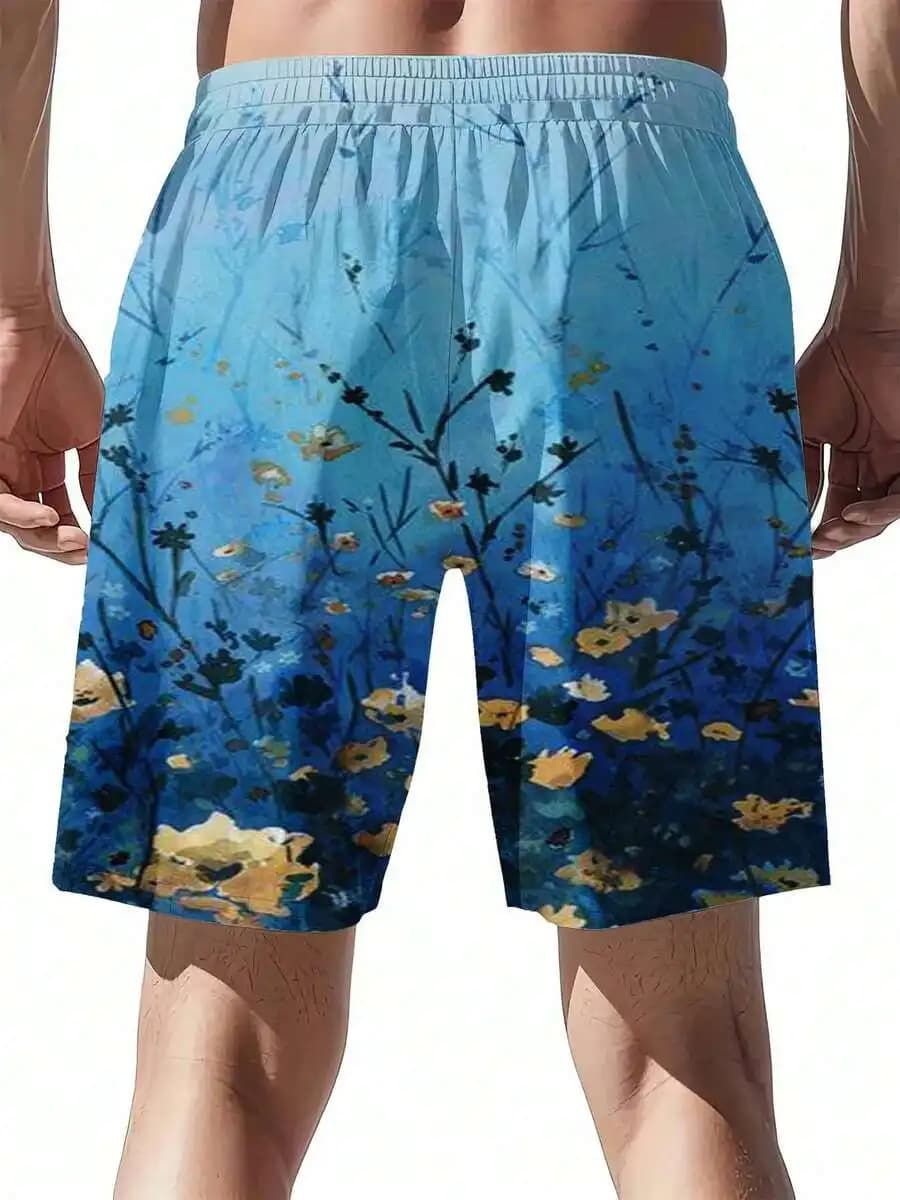 Costume da bagno con stampa floreale blu per uomo, pantaloncini da spiaggia ad asciugatura rapida, abbigliamento sportivo estivo per il tempo libero