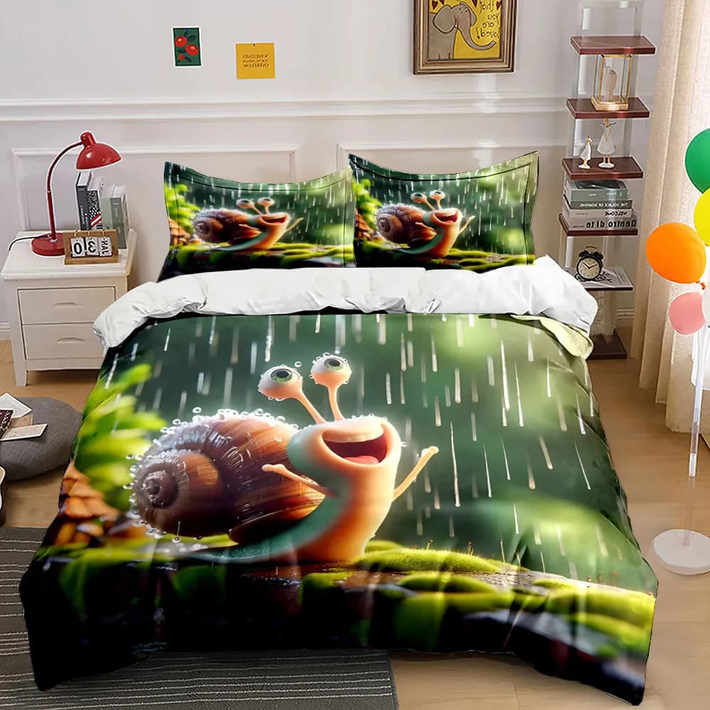 Cheerful snail enjoying raindrops Print Bedding Set 1 Duvet Cover 2 Pillowcases for Adult and Children Luxury Gift Full Size