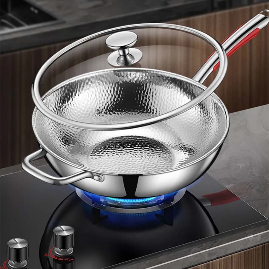 Non-coated non-stick Wok, flat bottom pan, domestic stainless steel pan, scratch resistant, kitchen utensils