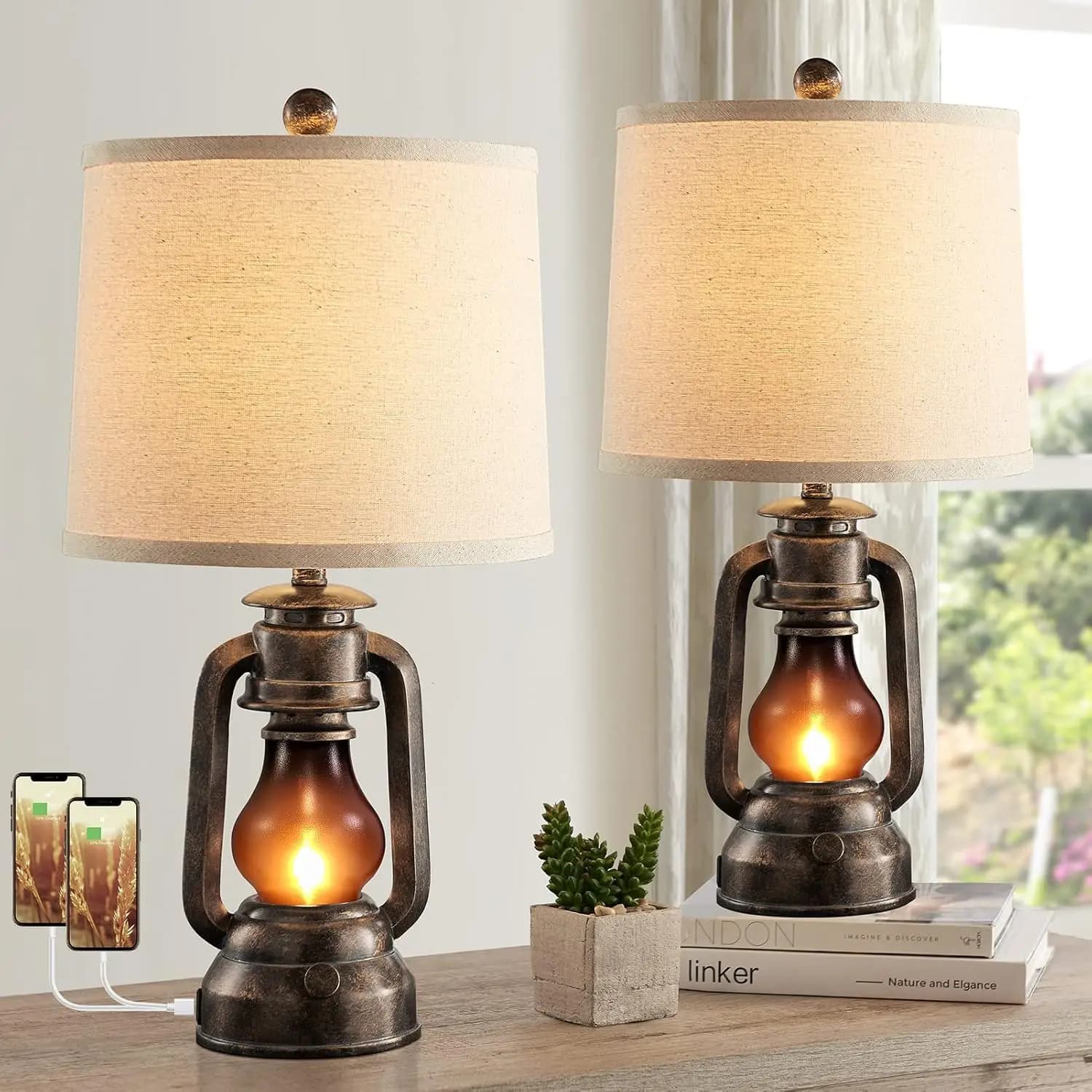 Set di 2 Lampade da Tavolo Stile Lanterna Vintage con Doppie Porte USB, Lampada da Comodino Rustica Include 4 Lampadine