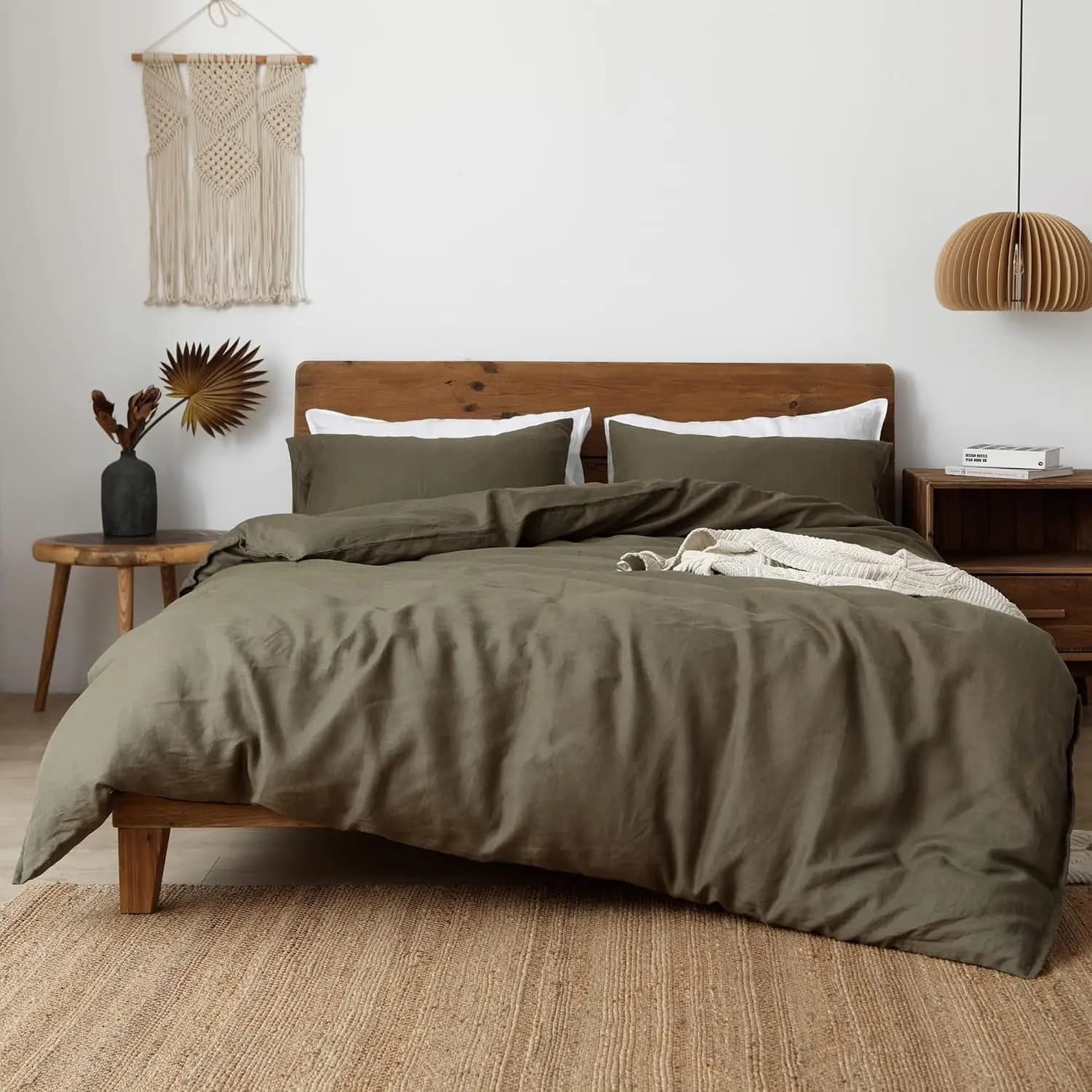 Olive Green Linen Duvet Cover King Size, Cooling & Breathable, Soft & Textured Bedding Set for Hot Sleepers, 1 Duvet Cover + 2 Pillowcases
