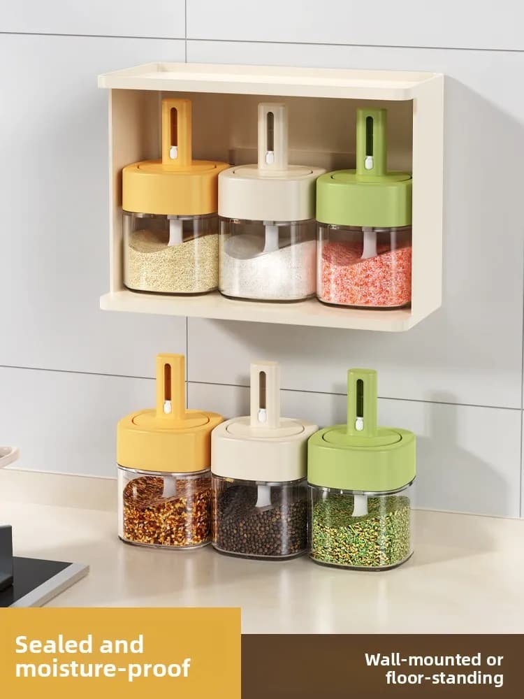 Set di barattoli in vetro per spezie da cucina, contenitore monopezzo per condimenti con coperchio e cucchiaio, per uso domestico, barattolo per sale, contenitore universale