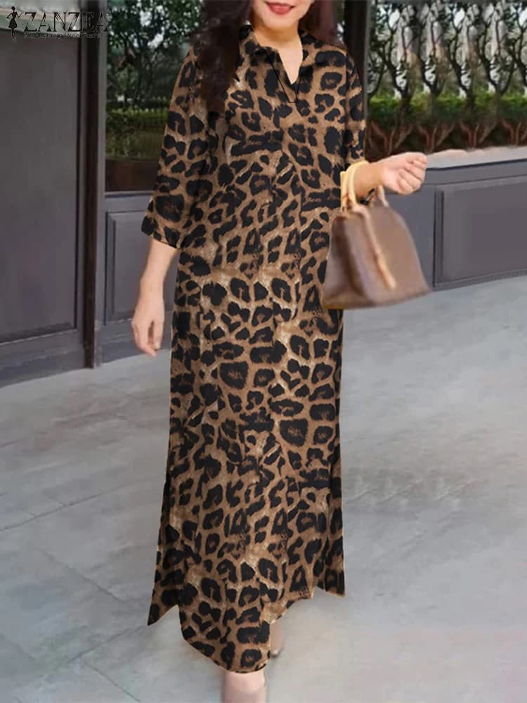 ZANZEA Plus Size Women's Print Leoped Maxi Dresses Casual Lapel Collar Sleeve 3/4 Side Split Shirt Communal Day Dresses 5XL
