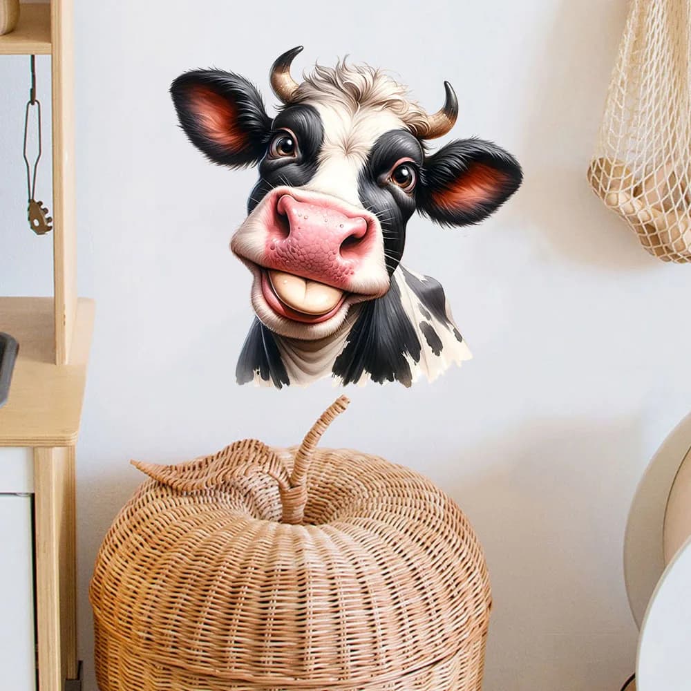 Adesivo da parete con testa di mucca sorridente, decorazione impermeabile autoadesiva, arte con animali da fattoria per cameretta, decorazione per la cucina