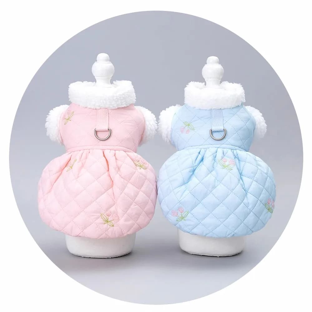 Abiti invernali caldi con imbracatura per cani di piccola taglia rosa blu collo di pelliccia vestiti per animali domestici addensare Chihuahua Bichon Princess abbigliamento capodanno XS