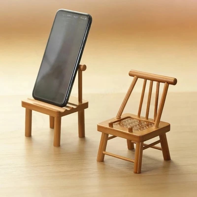 Retro Mini Bamboo Chair Phone Stand, Handmade Bamboo Craft Desktop Decor Holder Ornament