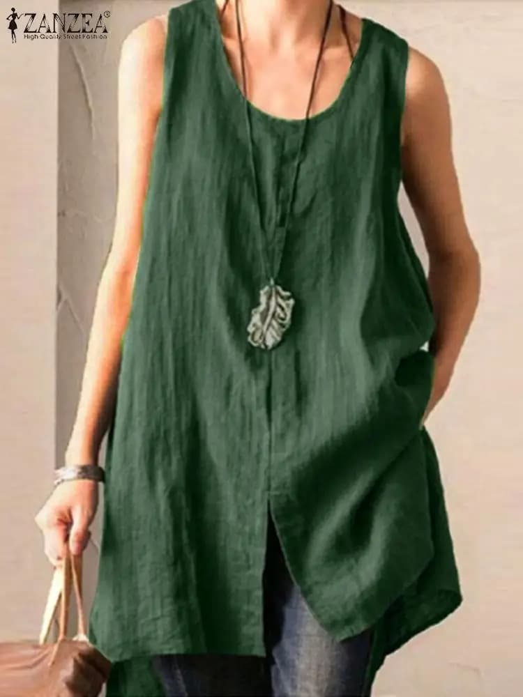 ZANZEA Fashion Summer Camis Women Tanks top Vintage Solid senza maniche camicetta Casual con orlo diviso in cotone allentato Blusas Vest