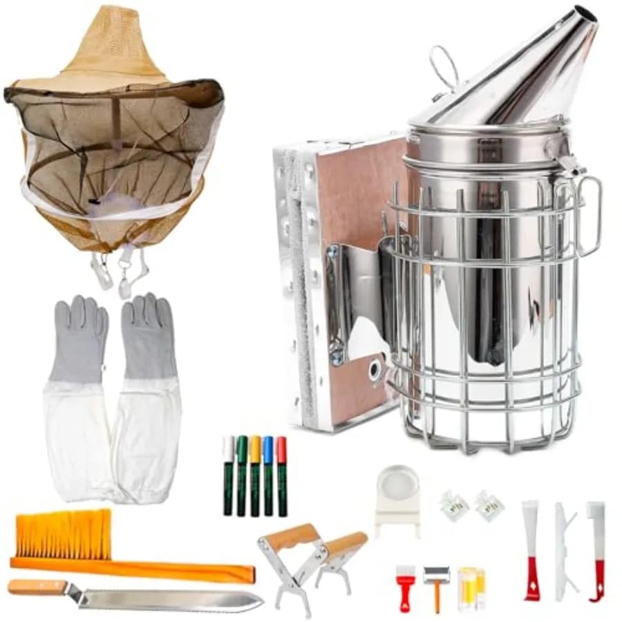 Kit Essenziale Apicoltura 20 Pezzi: Attrezzi per Apicoltura, Affumicatore per Api, Set Strumenti per la Marcatura delle Api Regine, Velo, Strumenti per Arnia, Strumento per Disopercolare, Alimentatore