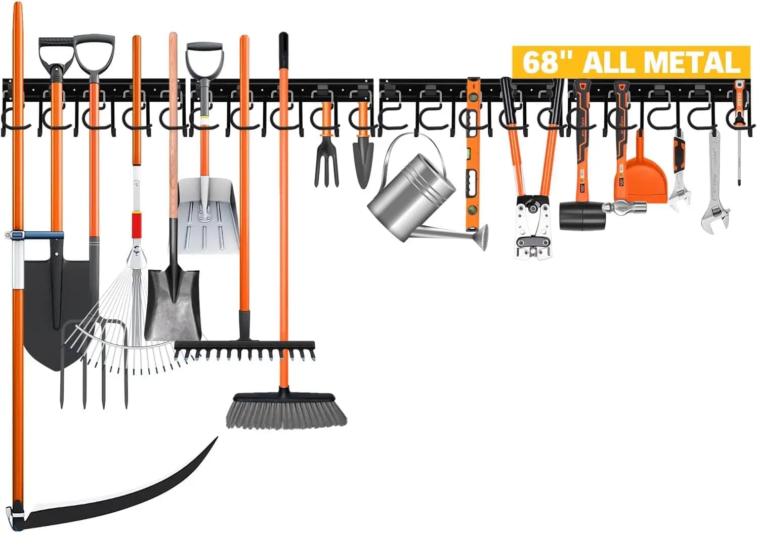 Organizzatore da parete per attrezzi da giardino interamente in metallo da 68'' con ganci neri, portaoggetti da garage per capanno