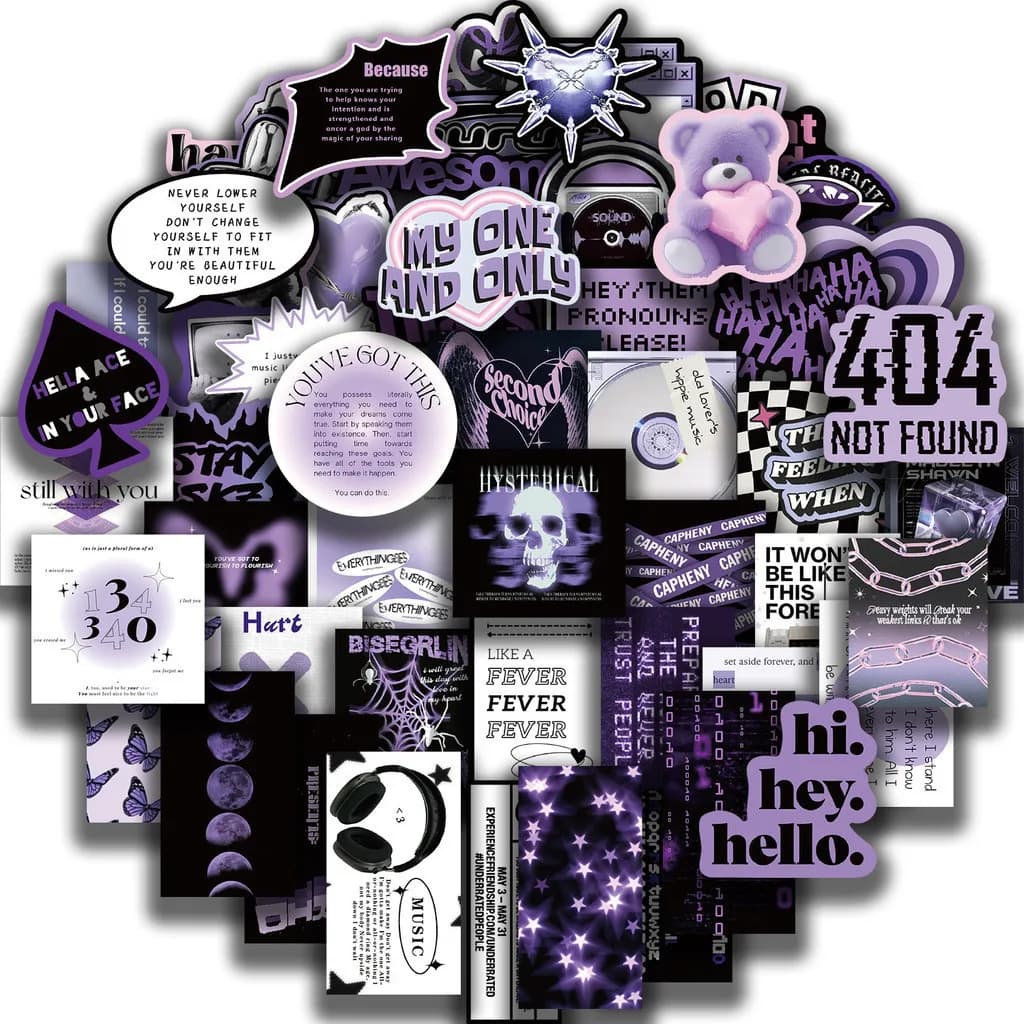 60 pcs Korean style Ins sweet fresh black purple graffiti waterproof for helmet bicycle account hand case decals